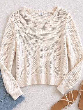 GAP Scalloped Neck Open Knit Sweater Coastal Minimalist Beachy Cotton XL B59